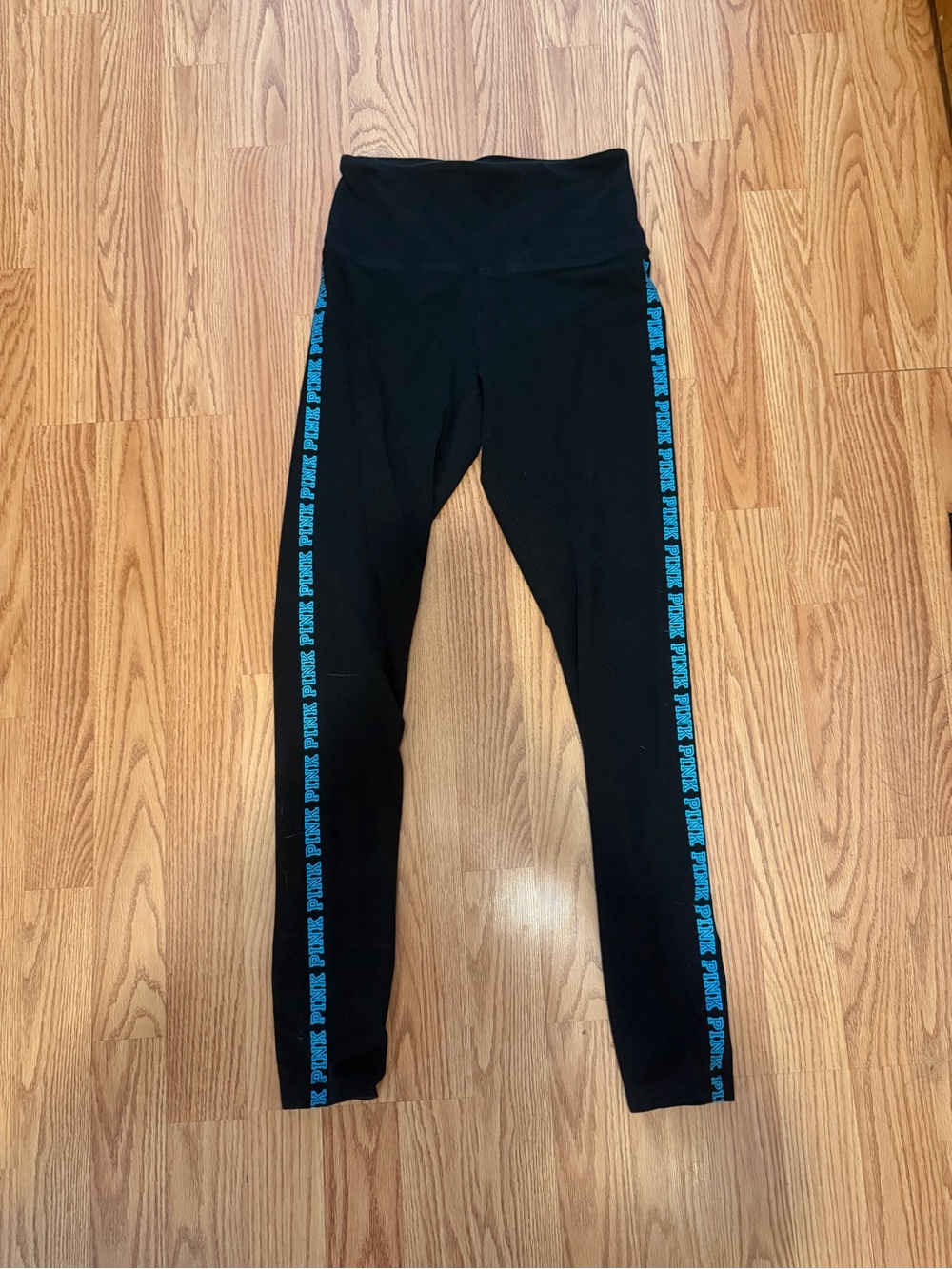 PINK Victoria’s Secret Black Yoga Leggings Teal Logos